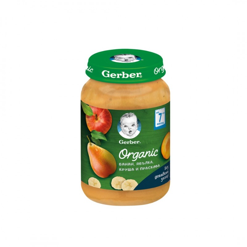 NESTLE GERBER BANANA, APPLE, PEAR AND PEACH PUREE / НЕСТЛЕ ГЕРБЕР ПЮРЕ ОТ БАНАН, ЯБЪЛКА, КРУША И ПРАСКОВА 190ГР