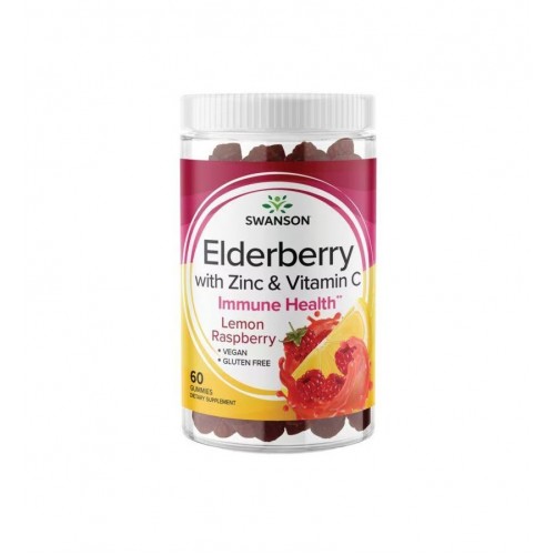 SWANSON ELDERBERRY GUMMIES WITH ZINC & VITAMIN C - LEMON RASPBERRY / СУОНСЪН БЪЗ С ЦИНК И ВИТАМИН С С ВКУС НА ЛИМОН И МАЛИНА ДЪВЧАЩИ ТАБЛ. X60