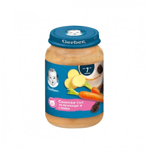 NESTLE GERBER PORK, VEGETABLES AND PLUMS PUREE / НЕСТЛЕ ГЕРБЕР ПЮРЕ ОТ СВИНСКО СЪС ЗЕЛЕНЧУЦИ И СЛИВИ 7М+ 190ГР NESTLE GERBER PORK, VEGETABLES AND PLUMS PUREE / НЕСТЛЕ ГЕРБЕР ПЮРЕ ОТ СВИНСКО СЪС ЗЕЛЕНЧУЦИ И СЛИВИ 7М+ 190ГР