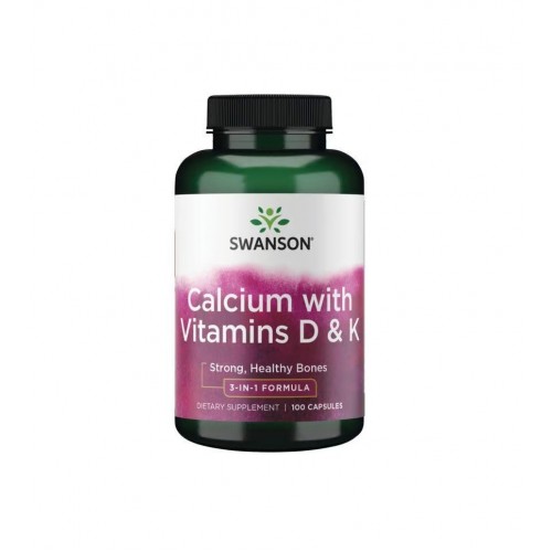 SWANSON CALCIUM WITH VITAMINS D & K - 3 IN-1 FORMULA / СУОНСЪН КАЛЦИЙ С ВИТАМИНИ D И K – ФОРМУЛА 3 В 1 КАПС. X 100