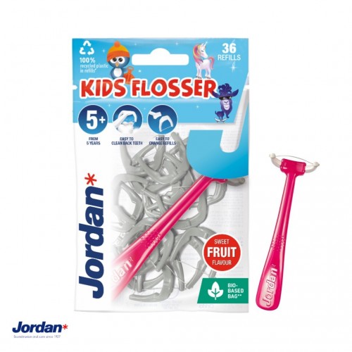 JORDAN / FLOSSER ДЕТСКИ КОНЕЦ ЗА ЗЪБИ С ДРЪЖКА + 36БР ПЪЛНИТЕЛИ JORDAN / FLOSSER ДЕТСКИ КОНЕЦ ЗА ЗЪБИ С ДРЪЖКА + 36БР ПЪЛНИТЕЛИ