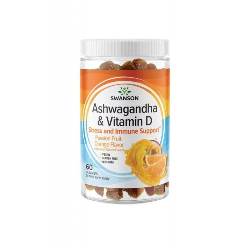 SWANSON ASHWAGANDHA & VITAMIN D GUMMIES PASSION FRUIT ORANGE / СУОНСЪН АШВАГАНДА И ВИТАМИН D МАРАКУЯ И ПОРТОКАЛ 300 МГ ДЪВЧАЩИ ТАБЛ. Х 60