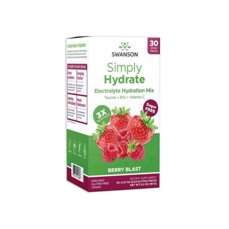 SWANSON SIMPLY HYDRATE ELECTROLYTE HYDRATION MIX  BERRY BLAST / СУОНСЪН ЕЛЕКТРОЛИТНА ХИДРАТИРАЩА СМЕС МАЛИНА ПАКЕТЧЕТА Х 30