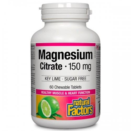 NATURAL FACTORS MAGNESIUM CITRATE / МАГНЕЗИЙ (ЦИТРАТ), С ВКУС НА ЛАЙМ, 150МГ ДЪВЧАЩИ ТАБЛ. Х60