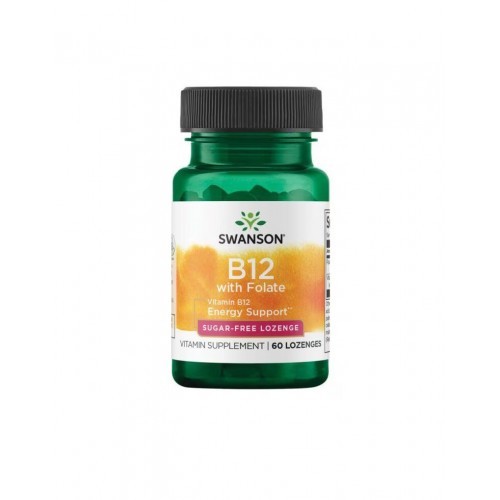 SWANSON VITAMIN B12 WITH FOLATE – SUGAR-FREE STRAWBERRY / СУОНСЪН ВИТАМИН B12 С ФОЛИЕВА КИСЕЛИНА – С ВКУС НА ЯГОДА И БЕЗ ЗАХАР 1680 МК ТАБЛ. Х 60