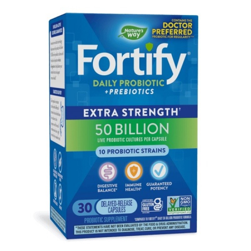 NATURE'S WAY FORTIFY PROBIOTIC + PREBIOTIC / ПРОБИОТИК + ПРЕБИОТИК 50 МЛРД. АКТИВНИ ПРОБИОТИЦИ, 10 ЩАМА ФОРМУЛА КАПС. Х30