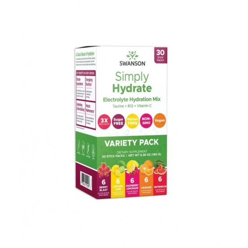SWANSON SIMPLY HYDRATE ELECTROLYTE HYDRATION MIX - VARIETY PACK / СУОНСЪН ХИДРАТИРАЩА ЕЛЕКТРОЛИТНА СМЕС - МИКС ОТ РАЗЛИЧНИ ВКУСОВЕ САШЕТА БР. 30 SWANSON SIMPLY HYDRATE ELECTROLYTE HYDRATION MIX - VARIETY PACK / СУОНСЪН ХИДРАТИРАЩА ЕЛЕКТРОЛИТНА СМЕС - МИКС ОТ РАЗЛИЧНИ ВКУСОВЕ САШЕТА БР. 30
