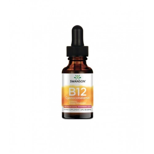 SWANSON VITAMIN B12 CYANOCOBALAMIN - STRAWBERRY LIQUID / СУОНСЪН ВИТАМИН B12 ЦИАНОКОБАЛАМИН – ТЕЧНА ФОРМА С ВКУС НА ЯГОДА 59 МЛ