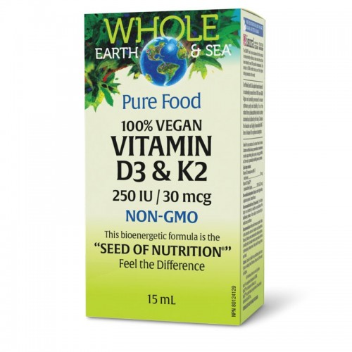 NATURAL FACTORS / WHOLE EARTH AND SEA® 100% VEGAN VITAMIN D3 & K2 / ВИТАМИН D3 250 IU + K2 30µg ВЕГАН ФОРМУЛА 15МЛ