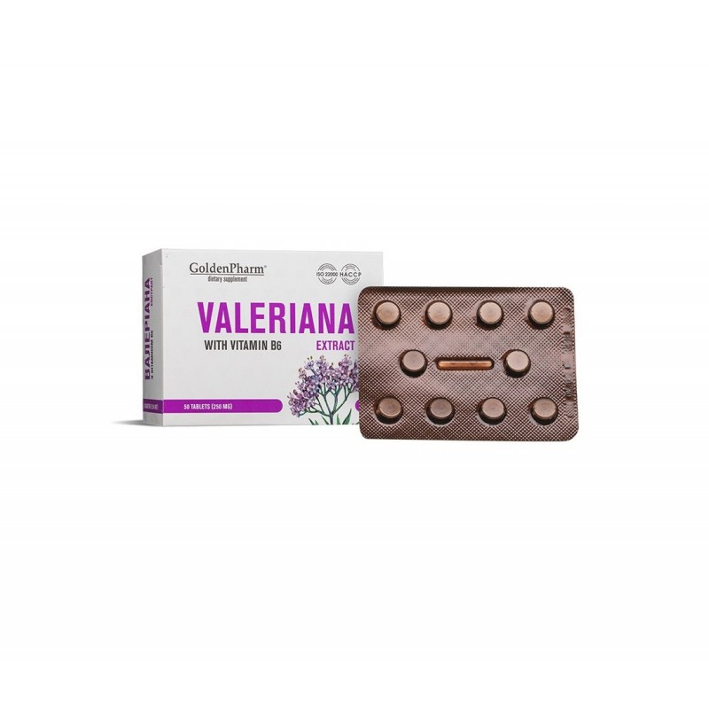 GOLDEN PHARM VALERIANA WHIT VITAMIN B6 / ВАЛЕРИАНА 60 МГ + ВИТАМИН B6 1.5 МГ СПОКОЙСТВИЕ И БАЛАНС НА НЕРВНАТА СИСТЕМА ТАБЛ. X 50
