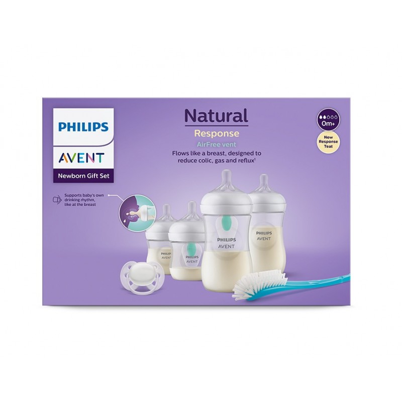 AVENT NATURAL RESPONSE AIRFREE VENT / 2 БУТИЛКИ 125МЛ + 2 БУТИЛКИ 260МЛ + 2 КЛАПИ AIRFREE + ЗАЛЪГАЛКА ULTRA SOFT 0-6M + ЧЕТКА КОМПЛЕКТ СЕРИЯ