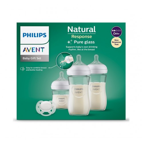 AVENT NATURAL RESPONSE GLASS / 1 БУТИЛКА 120МЛ + 2 БУТИЛКИ 240МЛ + ЗАЛЪГАЛКА ULTRA SOFT 0-6M КОМПЛЕКТ СЕРИЯ
