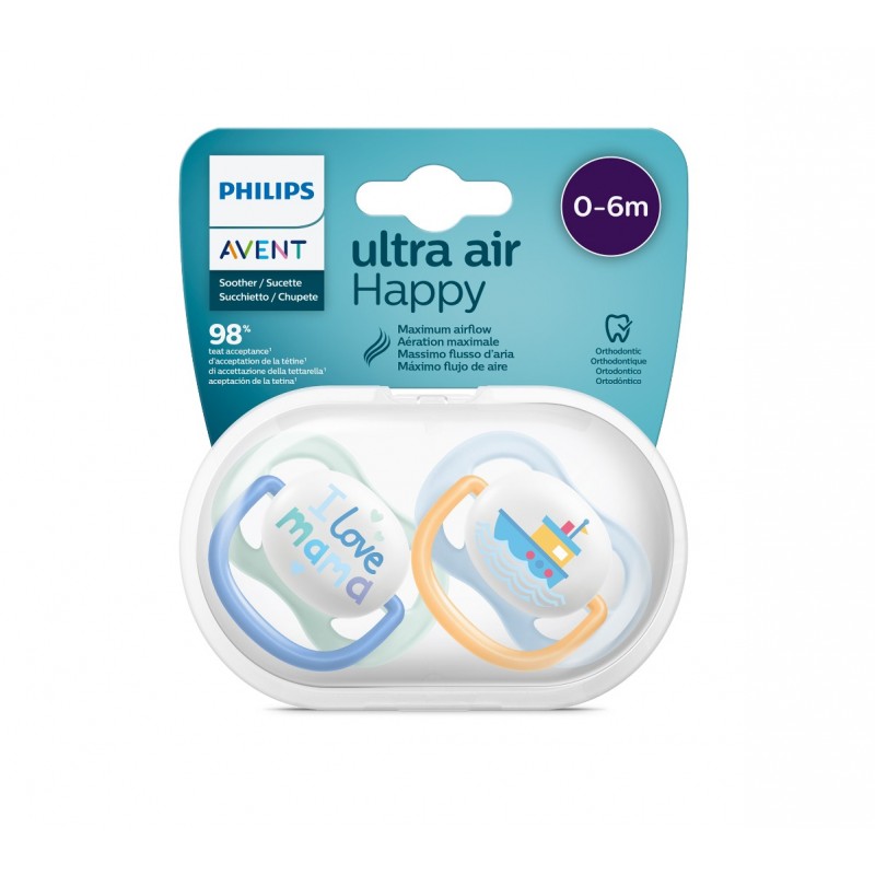 AVENT ULTRA AIR HAPPY BOY / ОРТОДОНТИЧНА ЗАЛЪГАЛКА ЗА МОМЧЕ ОТ 0 ДО 6 МЕСЕЦА 2БР.