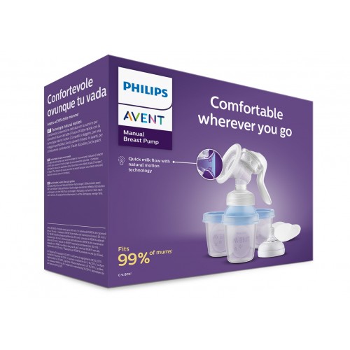 AVENT NATURAL MOTION SCF430/13 / РЪЧНА ПОМПА ЗА ИЗЦЕЖДАНЕ НА КЪРМА КОМПЛЕКТ С 3 ЧАШИ ЗА СЪХРАНЕНИЕ НА КЪРМА + БИБЕРОН