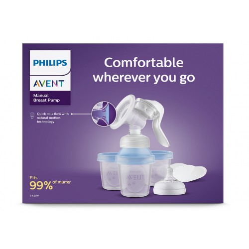 AVENT NATURAL MOTION SCF430/13 / РЪЧНА ПОМПА ЗА ИЗЦЕЖДАНЕ НА КЪРМА КОМПЛЕКТ С 3 ЧАШИ ЗА СЪХРАНЕНИЕ НА КЪРМА + БИБЕРОН