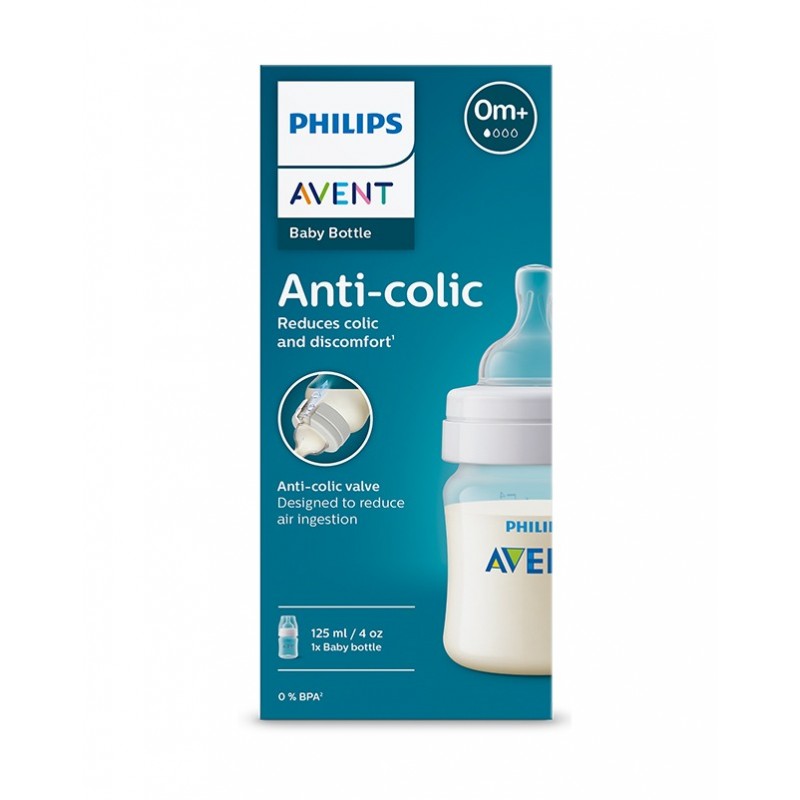 AVENT ANTI-COLIC / БУТИЛКА С БИБЕРОН ЗА НОВОРОДЕНО С ПОТОК 1, ОТ 0 + МЕСЕЦА, 125МЛ