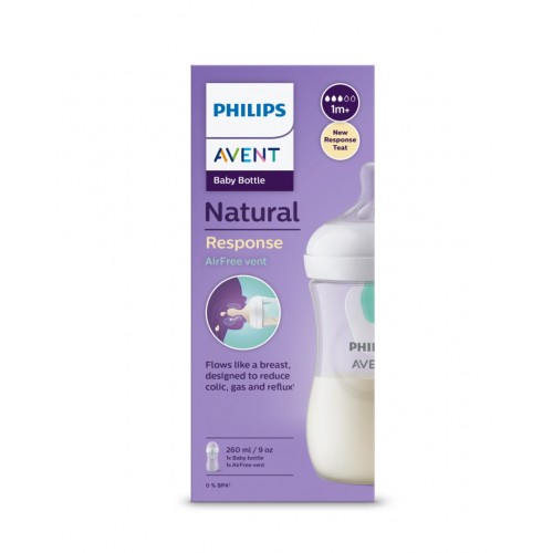 AVENT NATURAL RESPONSE AIRFREE / БУТИЛКА 1М + С БИБЕРОН С ПОТОК 3, НЕУТРАЛЕН ЦВЯТ, 260МЛ