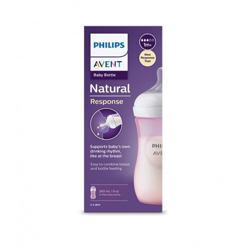 AVENT NATURAL RESPONSE / БУТИЛКА С БИБЕРОН С ПОТОК 3, ОТ 1 + МЕСЕЦА, РОЗОВ ЦВЯТ 260МЛ
