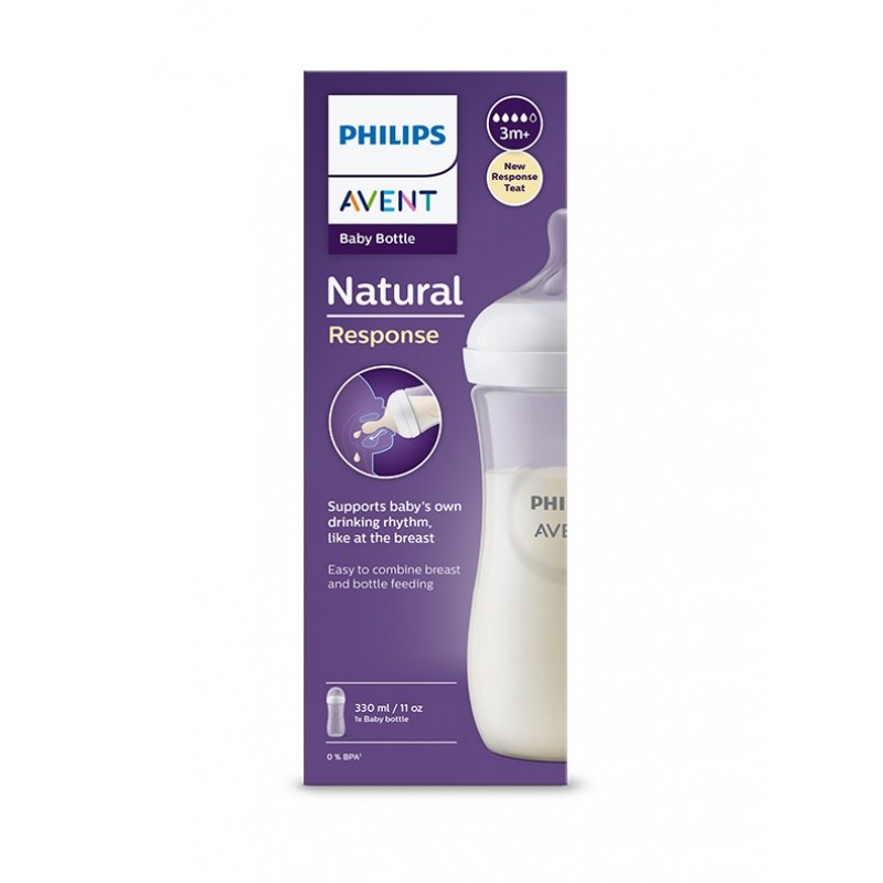 AVENT NATURAL RESPONSE / БУТИЛКА С БИБЕРОН С ПОТОК 4, ОТ 3 + МЕСЕЦА, НЕУТРАЛЕН ЦВЯТ 330МЛ