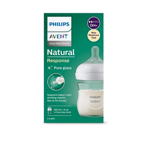 AVENT NATURAL RESPONSE / СТЪКЛЕНА БУТИЛКА С БИБЕРОН С ПОТОК 2 ОТ 0 + МЕСЕЦА, 120МЛ