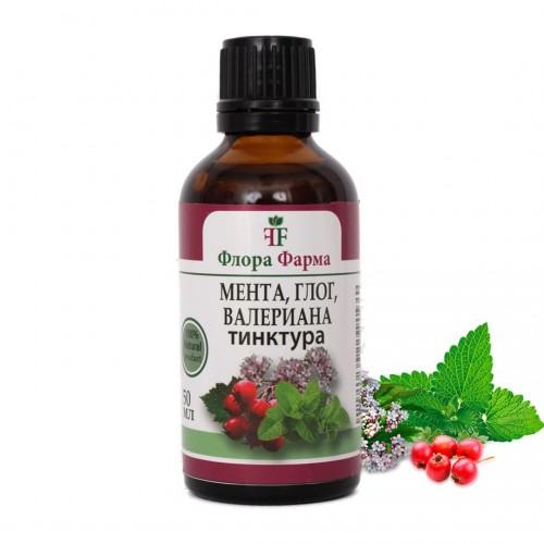 FLORA FARMA ТИНКТУРА МЕНТА, ГЛОГ И ВАЛЕРИАНА 50МЛ