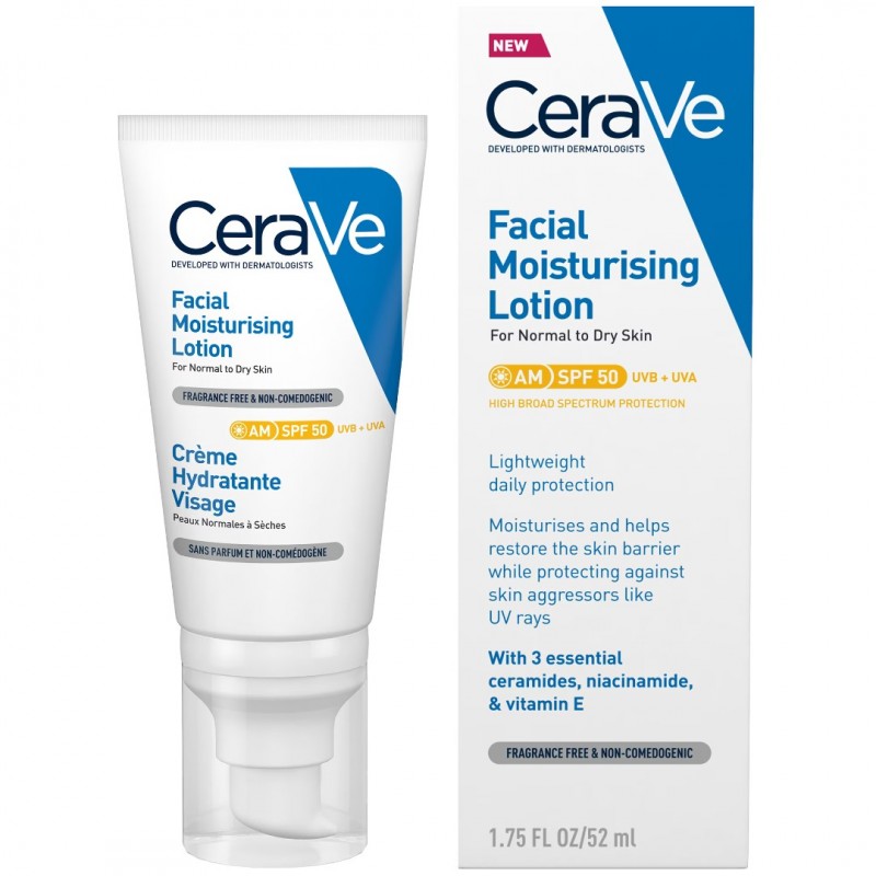 CERAVE FACING MOISTURISING LOTION / СЕРАВЕ ХИДРАТИРАЩ СЛЪНЦЕЗАЩИТЕН ЛОСИОН ЗА ЛИЦЕ ЗА НОРМАЛНА ДО СУХА КОЖА SPF50 52МЛ
